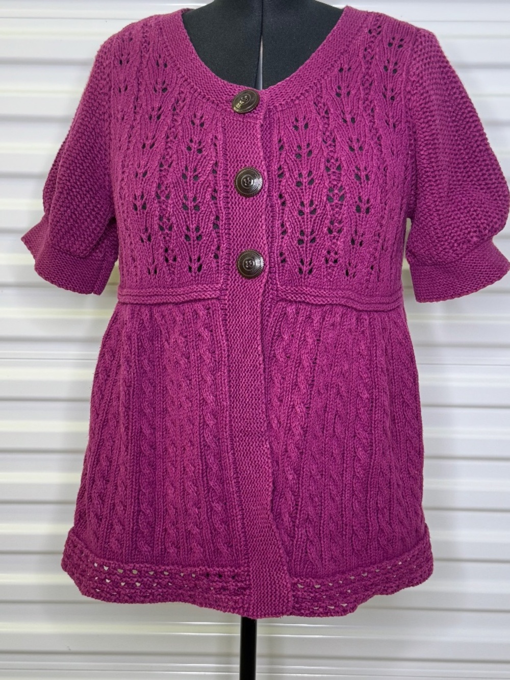 Caslon Nordstrom Shrt Sleeve Cable Knit Cardigan Sweater Plum Purple Babydoll XL